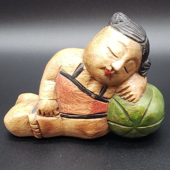 Hand Carved Vintage Wooden Sleeping Girl on Watermelon or Beach Ball Figurine - Picture 3 of 7